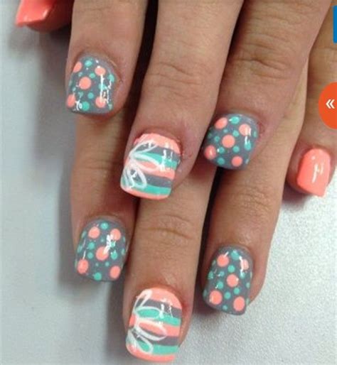 See more ideas about nail designs, cute nails, pretty nails. Grey, Coral, Teal | Spring nail art