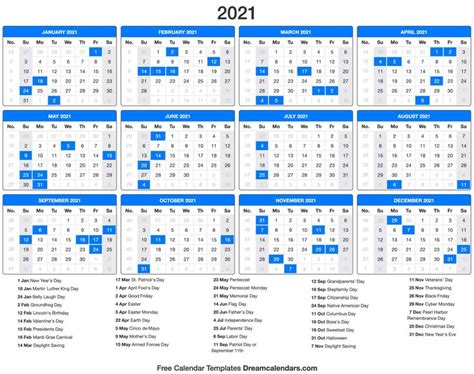 Free printable 2021 yearly calendar templates available in an editable format. 2021 Calendar with holidays - Dream Calendars in 2020 ...