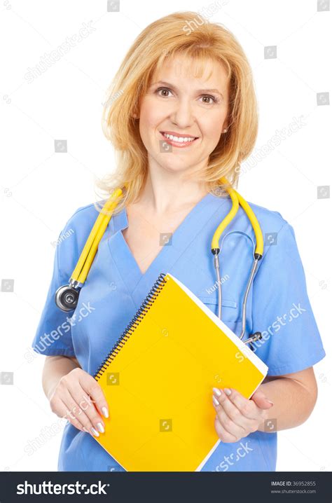 Smiling Medical Nurse Stethoscope Isolated Over Stock Photo 36952855