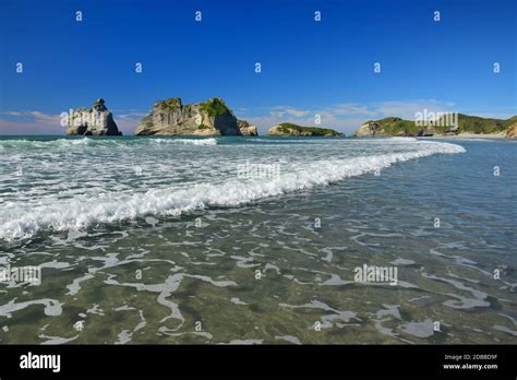 Beautiful New Zealand Landscape At Wharariki Beach With Rocks And