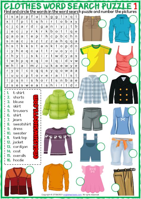 Clothes Esl Word Search Puzzle Worksheets