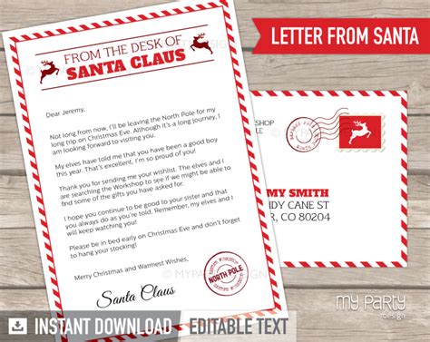 Free printable letter to santa claus santa envelope template printable #28: PRINTABLE Letter From Santa kit with Envelope Template - My Party Design