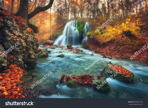 Autumn Forest Waterfall Mountain River Sunset Stock Photo