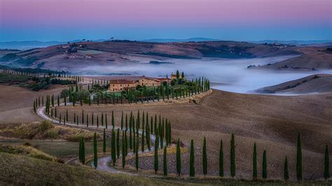 Image Tuscany Italy Fog Nature Hill Roads Fields Trees 1920x1080
