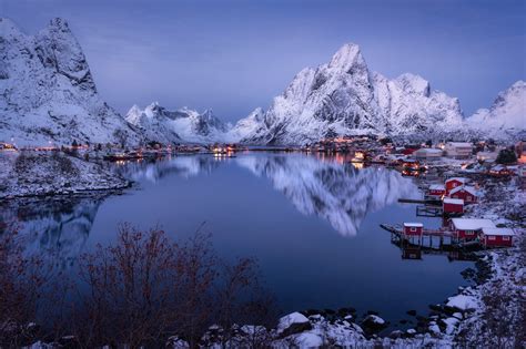 Download Lofoten Islands Fjord Norway Reflection Mountain Village