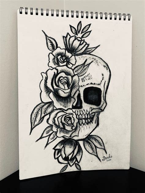 Original Drawing Of Skull With Roses Etsy Easy Skull Drawings Scary