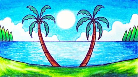 How To Draw Simple Scenery Drawing Sunny Day In The Beach Scenery
