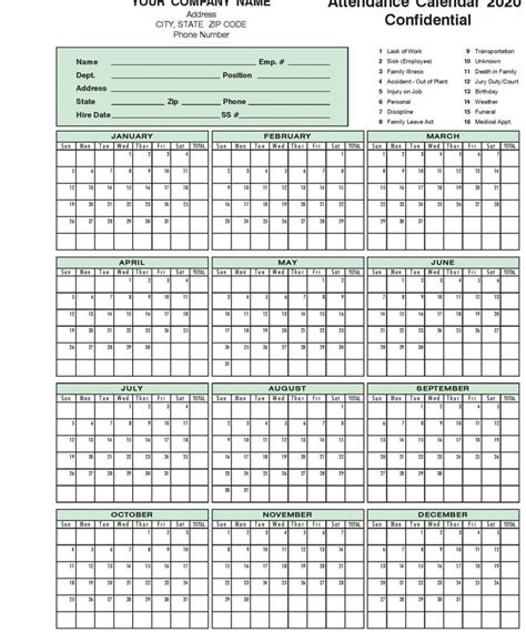 Catch 2020 Employee Attendance Calendar Printable Calendar Template