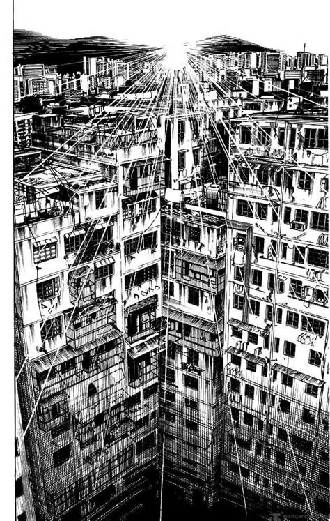 Black And White Drawing Of Buildings With Lines Going Through Them