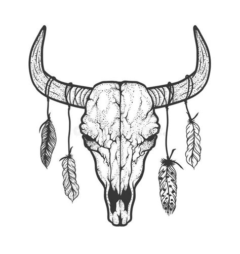 Bull Skull With Feathers Native Americans Tribal Style Tattoo