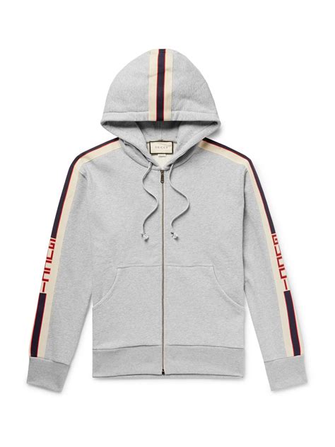 Gucci Logo Webbing Trimmed Loopback Cotton Jersey Zip Up Hoodie In Gray