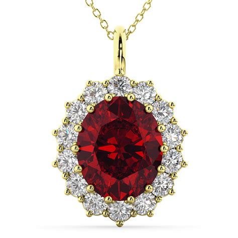 Oval Ruby And Diamond Halo Pendant Necklace 14k Yellow Gold 640ct Ad1561