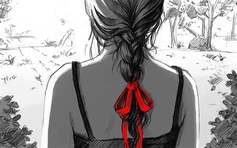 Grafika Rysunek Dziewczyna Warkocz Czerwona Kokardka Bozzetto Di