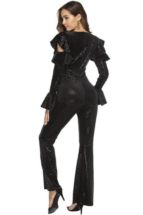 Black Sequin Pantsuit With Long Sleeve And V Neck