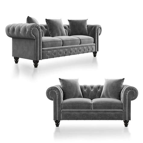 Tufted Velvet Sofa Upholstered Rolled Arm Classic Chesterfield