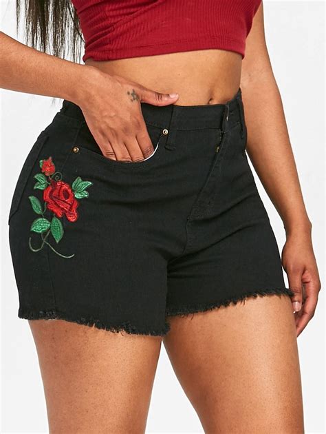 Rose Flower Embroidery Jean Shorts Black S 2xl E1745 Embroidery Jeans Denim Ideas