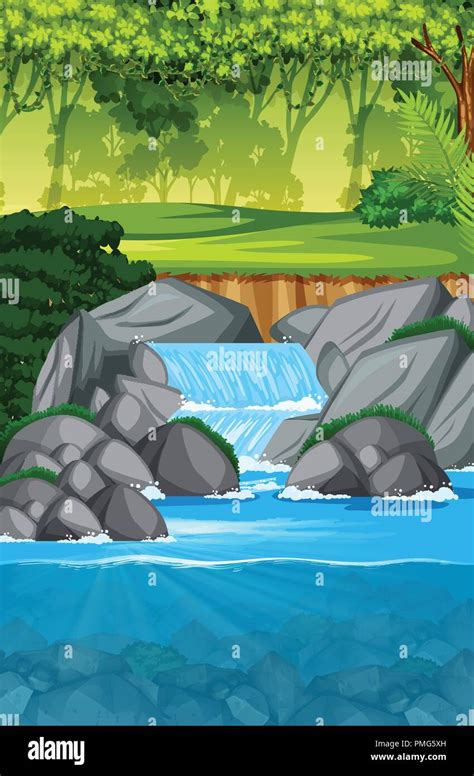 Beautiful Waterfall Landscape Scene Illustration Stock Vector Image