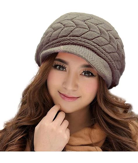 Women Winter Warm Knit Hat Wool Snow Ski Caps With Visor Coffee