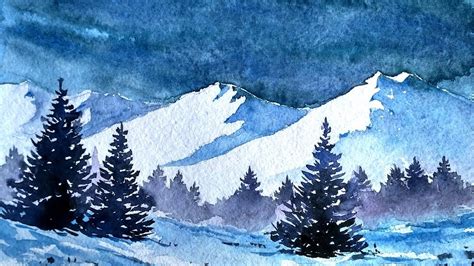 Original Snowy Mountain Landscape Watercolor Painting Cetprosantarosa