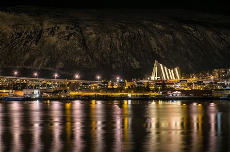 Norway Tromso Bridge Night Rivers Street Lights Cities Tromsø Hd