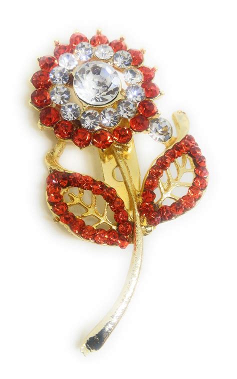 Saree Pin Brooch For Women Girls And Men Gold Tone Orange Color Stone