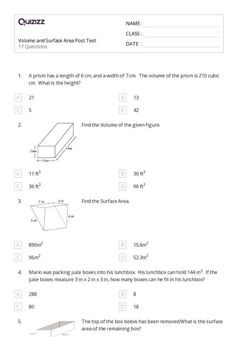 Printable Volume And Surface Area Worksheets Quizizz