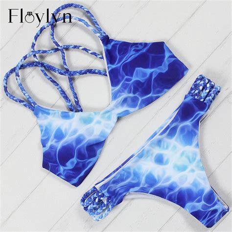floylyn crochet swimwear women sexy push up bikini set geometric print bathing suit braided rope