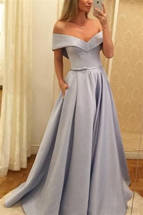 Elegant A Line Off The Shoulder Light Blue Satin Long Prom Dresses
