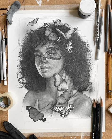 A Drawing Of A Woman With Butterflies On Her Face And Hands Surrounded
