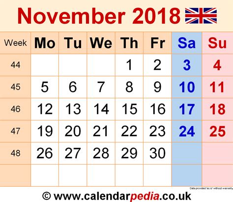 Calendar November 2018 Uk With Excel Word And Pdf Templates