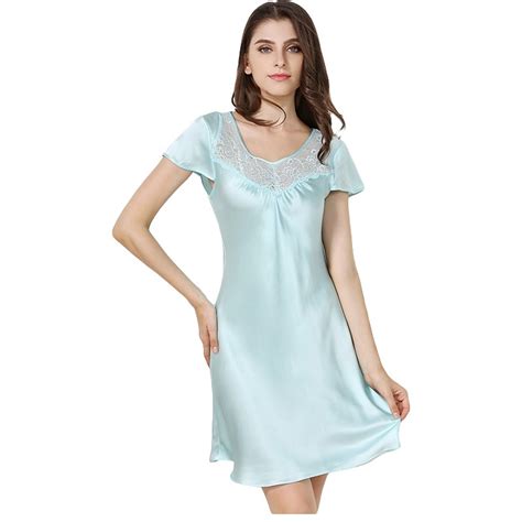 2017 New 100 Silk Satin Women Nightgown Short Sleeves Nightdress Solid Color Elegant Ladies