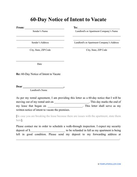 Printable Tenant Day Notice To Vacate Template