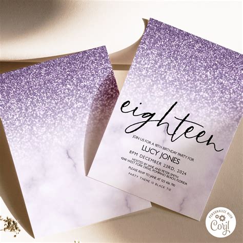 Editable 18th Birthday Party Invitation 18th Invite Lilac Glitter