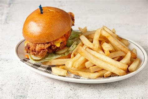 Image Of Fried Chicken Burger And Chips Austockphoto