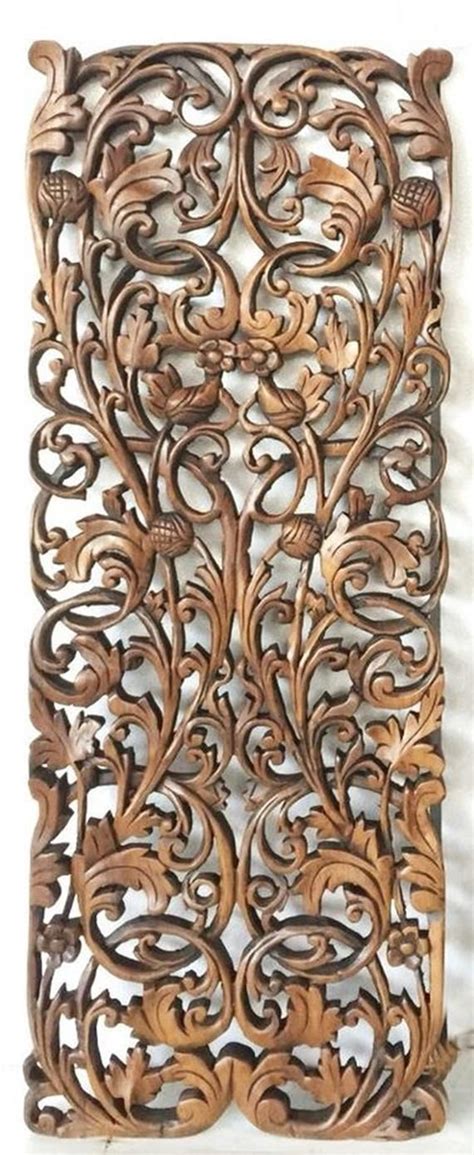 355 X 1350 Floral Tropical Carved Wood Wall Art Panel Rustic Teak