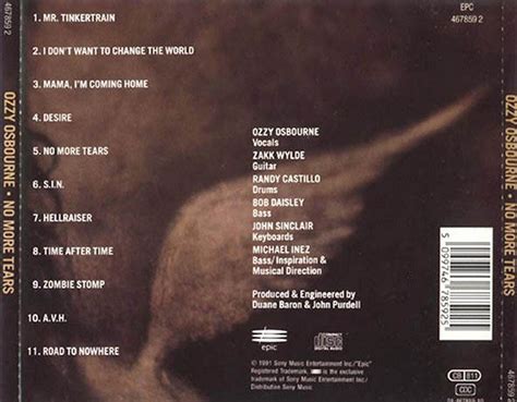 Ozzy Osbourne No More Tears 1991 Back Cover