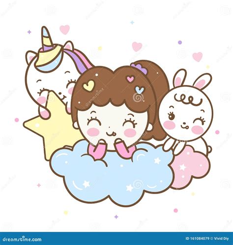 Set Of Kawaii Character Cute Girl Cartoon Unicorn Vector Pony Child