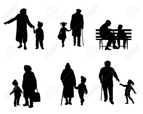 Vector Illustration Of Silhouettes Of Elderly People With Grandchildren