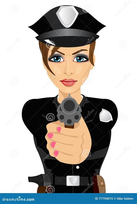 Policewoman Holding Weapon Vector Illustration Isolated On White Background Cartoon Concept Of