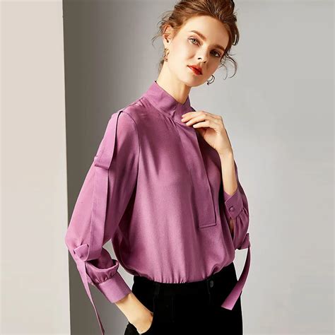 100 Silk Blouse Women Purple Shirt Elegant Design Stand Neck Long