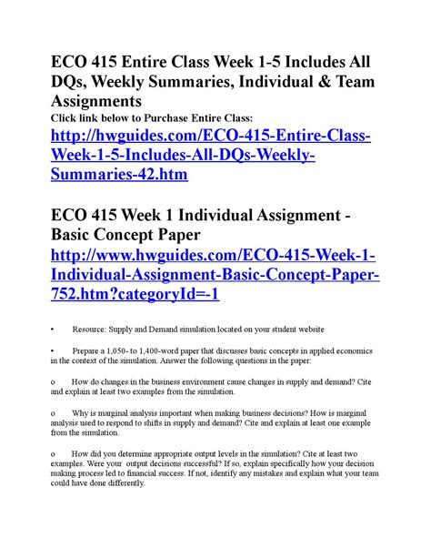 Eco 415 Complete Course Week 1 5 Includes All Dqs Weekly Summaries