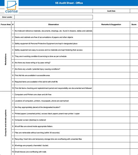 5s Audit Checklist Office 2 Csense Management Solutions