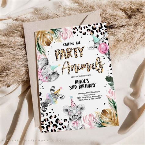Editable Party Animals Birthday Invitation Leopard Print Safari Animals