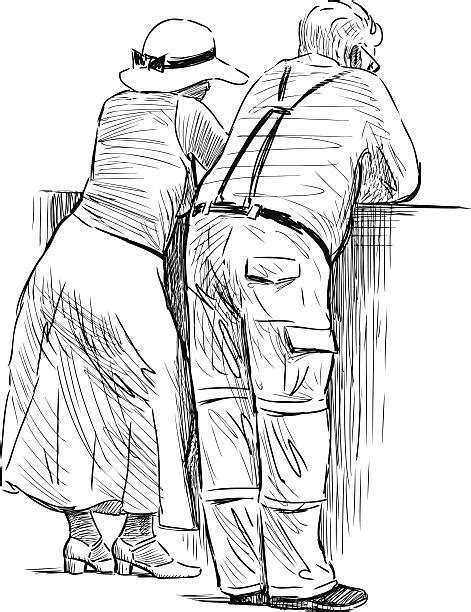 Drawing Of Old Couple Walking Together Illustrations Royalty Free