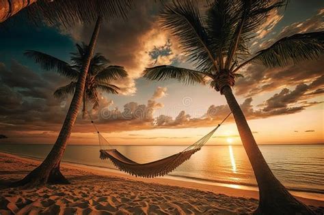 A Tropical Beach At Sunset With A Hammock Under A Palm Tree Stock Photo