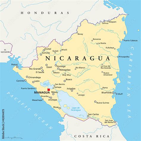 Nicaragua Political Map With Capital Managua National Borders And My