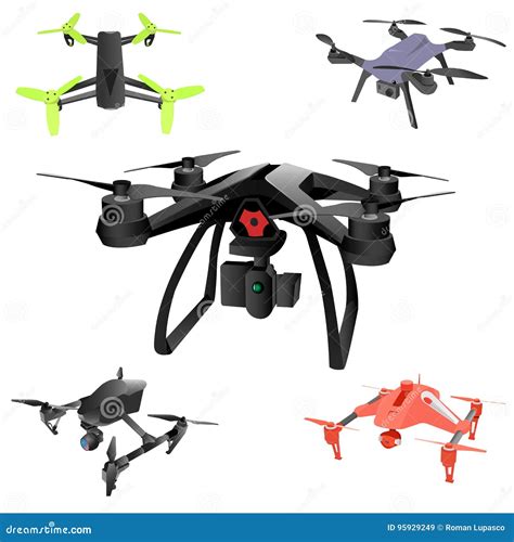 Set Of Cartoon Drones Isometric Vector Illustration Stock Vector