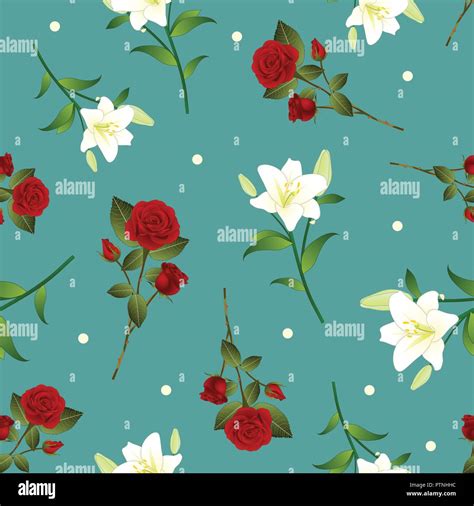 Red Rose And White Lily Flower Christmas Green Teal Background Vector