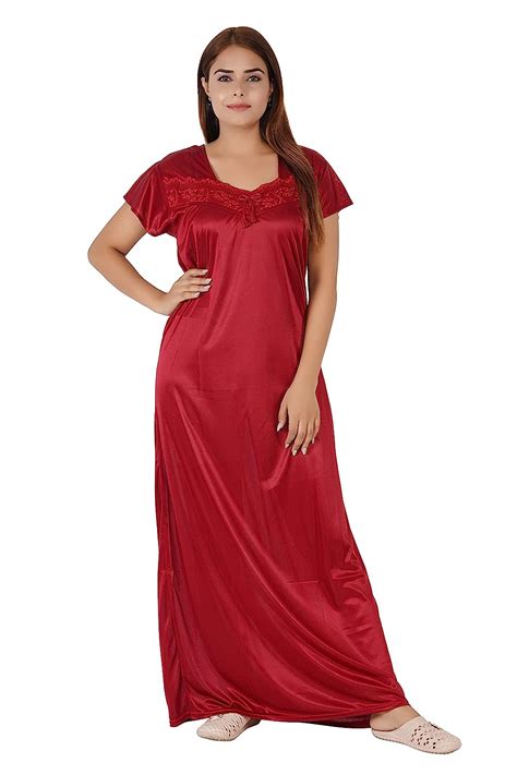 Buy Morpankhi Fashion Maroon Satin Solid Nighty For Womens Maxi Gown Night Gown Night