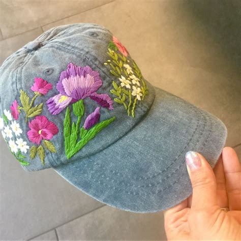 Blue Baseball Hat With Hand Embroidered Flowers Personalized Etsy